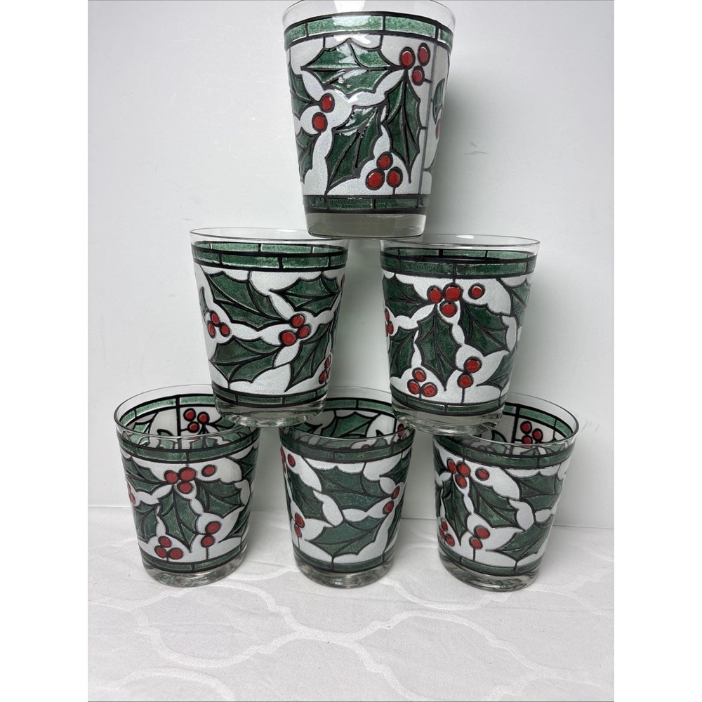 6 West Virginia Snowy Holly Berry Stained Glass On Rocks Christmas Glasses Set